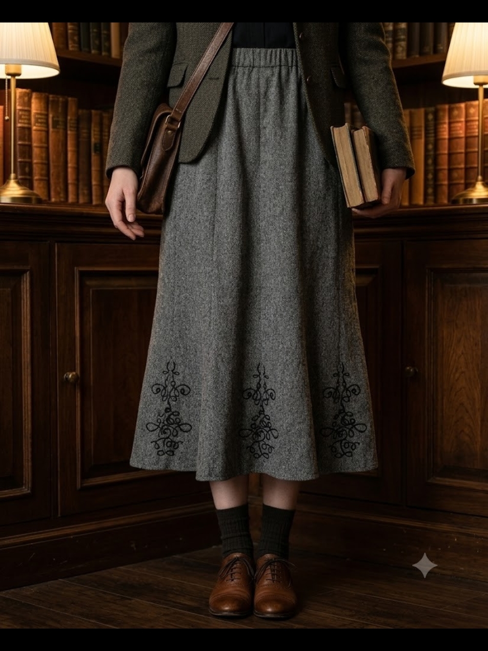 Tanjay Dark Academia Grey Embroidered Midi Skirt Plus Size